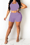 Purple Pure Color Tank Waist Bandage Hole Shorts Sets AYQ0508-2