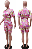 Purple Cute Stars Printing Collect Waist Round Neck Short Sleeve Tight Shorts Two-Piece HMR6020-1