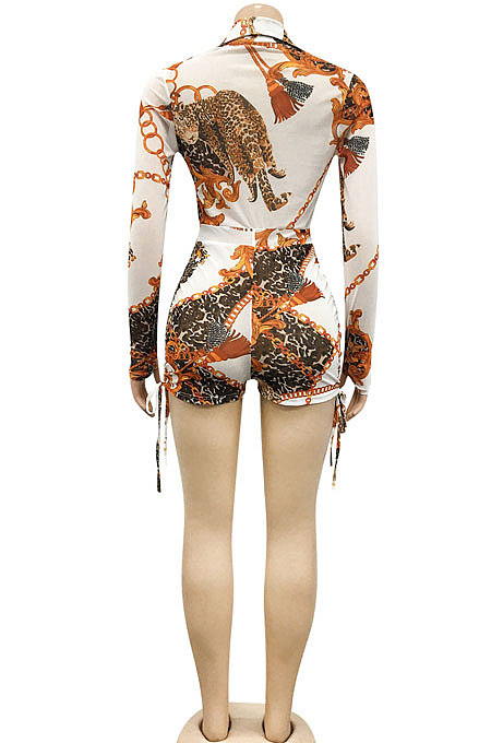 Brown Sexy Printing Long Sleeve Zipper V Neck Drawsting Romper Shorts XZ5178-1