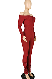 Wine Red Sexy Long Sleeve A Word Shoulder Solid Color Bodycon Jumpsuits E8511-2