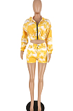 Yellow Cotton Blend Pinting Long Sleeve Zipper Hoodie Shorts Sports Sets YYZ862