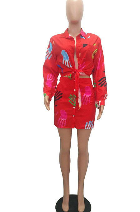 Red Women Casual Printing Shirt Buttons Long Sleeve Skirts Sets MR2105-2