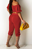 Red Euramerican Women Sexy Off Shoulder Dew Belly Blouse Pure Color Cropped Pants Sets AYQ0510-2