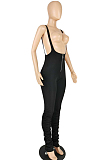 Red Summer Cotton Blend Pure Color Tight Zipper Ruffle Suspender Trousers E8528-1