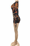 Chain Sexy Printing Long Sleeve Zipper V Neck Drawsting Romper Shorts XZ5178-2