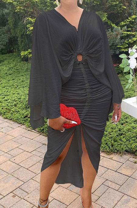 Black Hollow Out  V Collar Batwing Sleeve Zipper Drawsting Dress JC7067-2