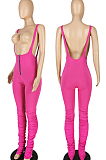 Red Summer Cotton Blend Pure Color Tight Zipper Ruffle Suspender Trousers E8528-1