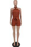 Purple Red  Night Club Halter Neck Strapless Belt Solid Color Romper Shorts ZNN9085-3