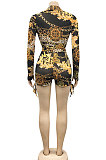 Brown Sexy Printing Long Sleeve Zipper V Neck Drawsting Romper Shorts XZ5178-1