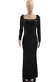 Black Elastic Solid Color Square Neck Long Sleeve Ruffle Bodycon Dress YYF8237-4