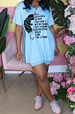 Light Blue Fashion Printing Split Blouse Short Sleeve Casual Shorts Sets AYQ0509-1