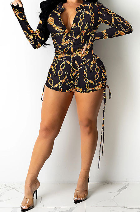 Chain Sexy Printing Long Sleeve Zipper V Neck Drawsting Romper Shorts XZ5178-2