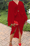 Red  Hollow Out  V Collar Batwing Sleeve Zipper Drawsting Dress JC7067-3