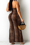 Brown Leopard Fashion Digital Printing Strapless Bandage Hollow Out Split Long Dress XZ5236-1