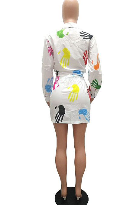 Red Women Casual Printing Shirt Buttons Long Sleeve Skirts Sets MR2105-2