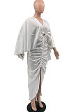 White Hollow Out  V Collar Batwing Sleeve Zipper Drawsting Dress JC7067-1