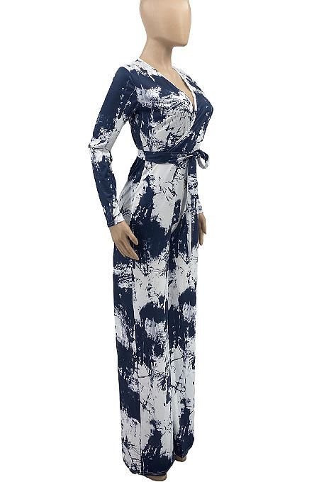 Blue Women Printing With Waistband Long Sleeve Bodycon Casual Jumpsuits AD0706-1