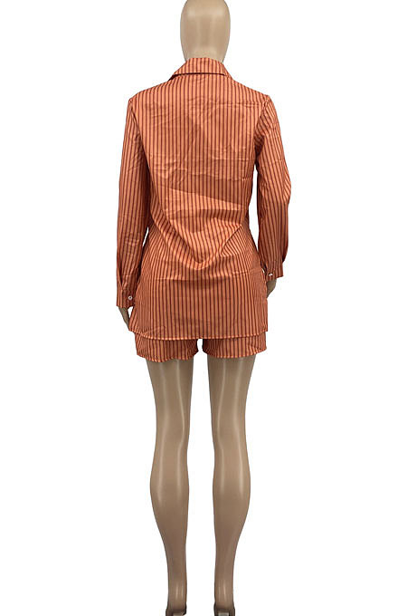 Orange Women Long Sleeve Strap Printing Shirt Shorts Sets AD0705-1