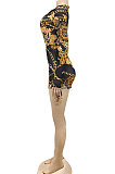 Brown Sexy Printing Long Sleeve Zipper V Neck Drawsting Romper Shorts XZ5178-1