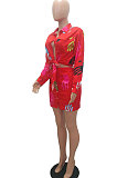 White Women Casual Printing Shirt Buttons Long Sleeve Skirts Sets MR2105-1