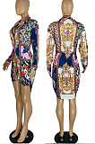 Blue Positioning Print Long Sleeve Lapel Neck Single-Breaster Shirt Dress E8610-3