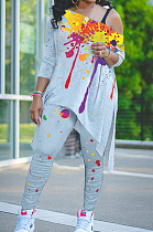 Grey Splash-Ink Print Oblique Shoulder Long Sleeve Carrot Pants Sports Two-Piece LY049-4