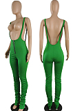 Black Summer Cotton Blend Pure Color Tight Zipper Ruffle Suspender Trousers E8528-2