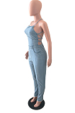 Light Blue Condole Belt Strapless Back Bandage Jean Bodycon Jumpsuits JLX6060
