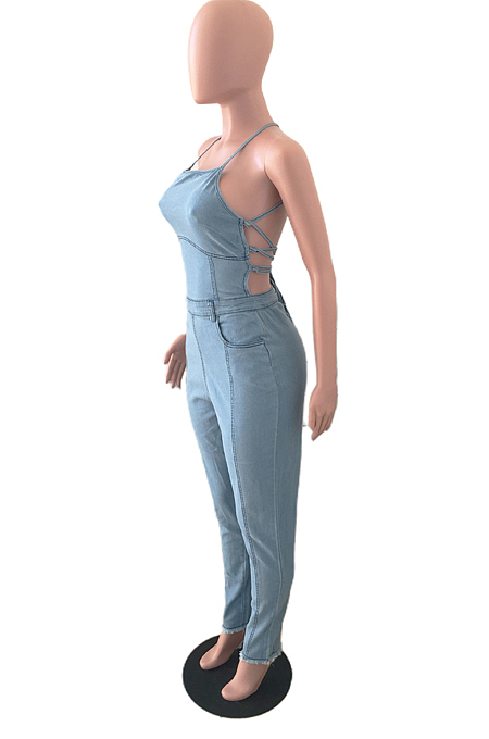 Light Blue Condole Belt Strapless Back Bandage Jean Bodycon Jumpsuits JLX6060
