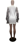White Leopard Printing Spliced Round Collar Horn Sleeve Drawsting Sexy Hip Dress HMR6026-1