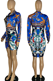 Blue Positioning Print Long Sleeve Lapel Neck Single-Breaster Shirt Dress E8610-3