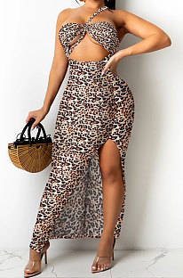White Leopard Fashion Digital Printing Strapless Bandage Hollow Out Split Long Dress XZ5236-2