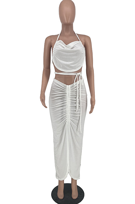 White Sexy Solid Colur Halter Neck Backless Strapless Drawsting Slit Skirts Sets ZNN9093-1