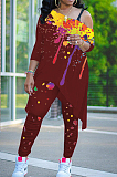 Pink Splash-Ink Print Oblique Shoulder Long Sleeve Carrot Pants Sports Two-Piece LY049-1