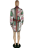 Blue Positioning Print Long Sleeve Lapel Neck Single-Breaster Shirt Dress E8610-3