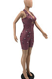 Purple Women Raindrop Printing Sleeveless Sexy Bandage Backless Romper Shorts AYQ05011-1