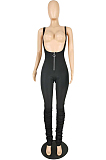 Red Summer Cotton Blend Pure Color Tight Zipper Ruffle Suspender Trousers E8528-1