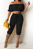 Red Euramerican Women Sexy Off Shoulder Dew Belly Blouse Pure Color Cropped Pants Sets AYQ0510-2