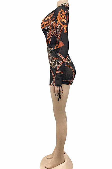 Brown Sexy Printing Long Sleeve Zipper V Neck Drawsting Romper Shorts XZ5178-1