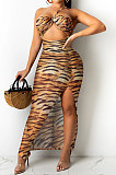 White Leopard Fashion Digital Printing Strapless Bandage Hollow Out Split Long Dress XZ5236-2