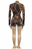 Chain Sexy Printing Long Sleeve Zipper V Neck Drawsting Romper Shorts XZ5178-2