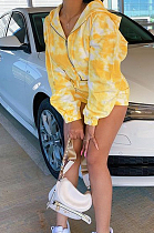 Yellow Cotton Blend Pinting Long Sleeve Zipper Hoodie Shorts Sports Sets YYZ862