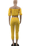 Red Euramerican Women Sexy Off Shoulder Dew Belly Blouse Pure Color Cropped Pants Sets AYQ0510-2