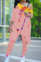 Pink Splash-Ink Print Oblique Shoulder Long Sleeve Carrot Pants Sports Two-Piece LY049-1