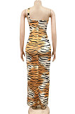 Brown Leopard Fashion Digital Printing Strapless Bandage Hollow Out Split Long Dress XZ5236-1