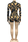 Brown Sexy Printing Long Sleeve Zipper V Neck Drawsting Romper Shorts XZ5178-1