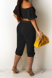 Red Euramerican Women Sexy Off Shoulder Dew Belly Blouse Pure Color Cropped Pants Sets AYQ0510-2