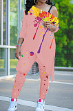 Black Splash-Ink Print Oblique Shoulder Long Sleeve Carrot Pants Sports Two-Piece LY049-2