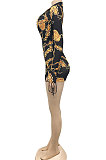 Yellow Sexy Printing Long Sleeve Zipper V Neck Drawsting Romper Shorts XZ5178-4