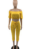 Black Euramerican Women Sexy Off Shoulder Dew Belly Blouse Pure Color Cropped Pants Sets AYQ0510-3